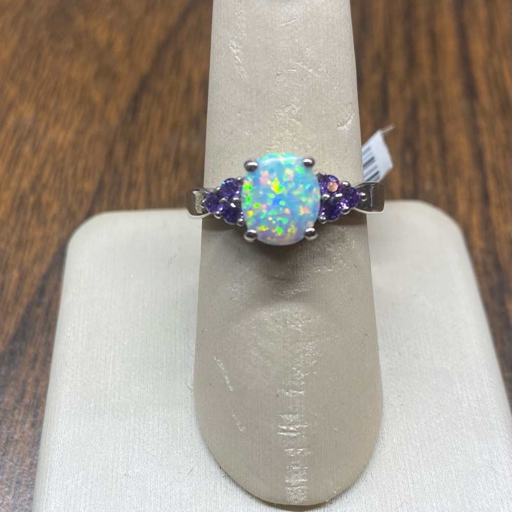 Sterling Silver (925) Opal and Amethyst Cubic Zirconia Ring. Sizes 6,7,8,9,10